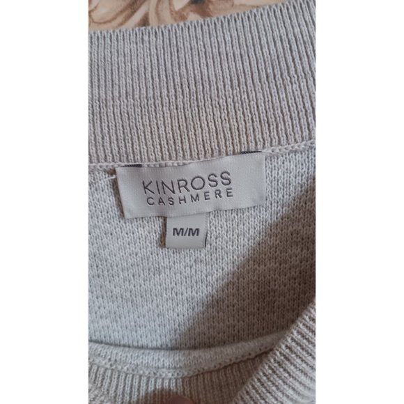 Kinross Cashmere Medium Boho Minimalist Classic Strip Beige Grey Pullover Sweate - Picture 3 of 5